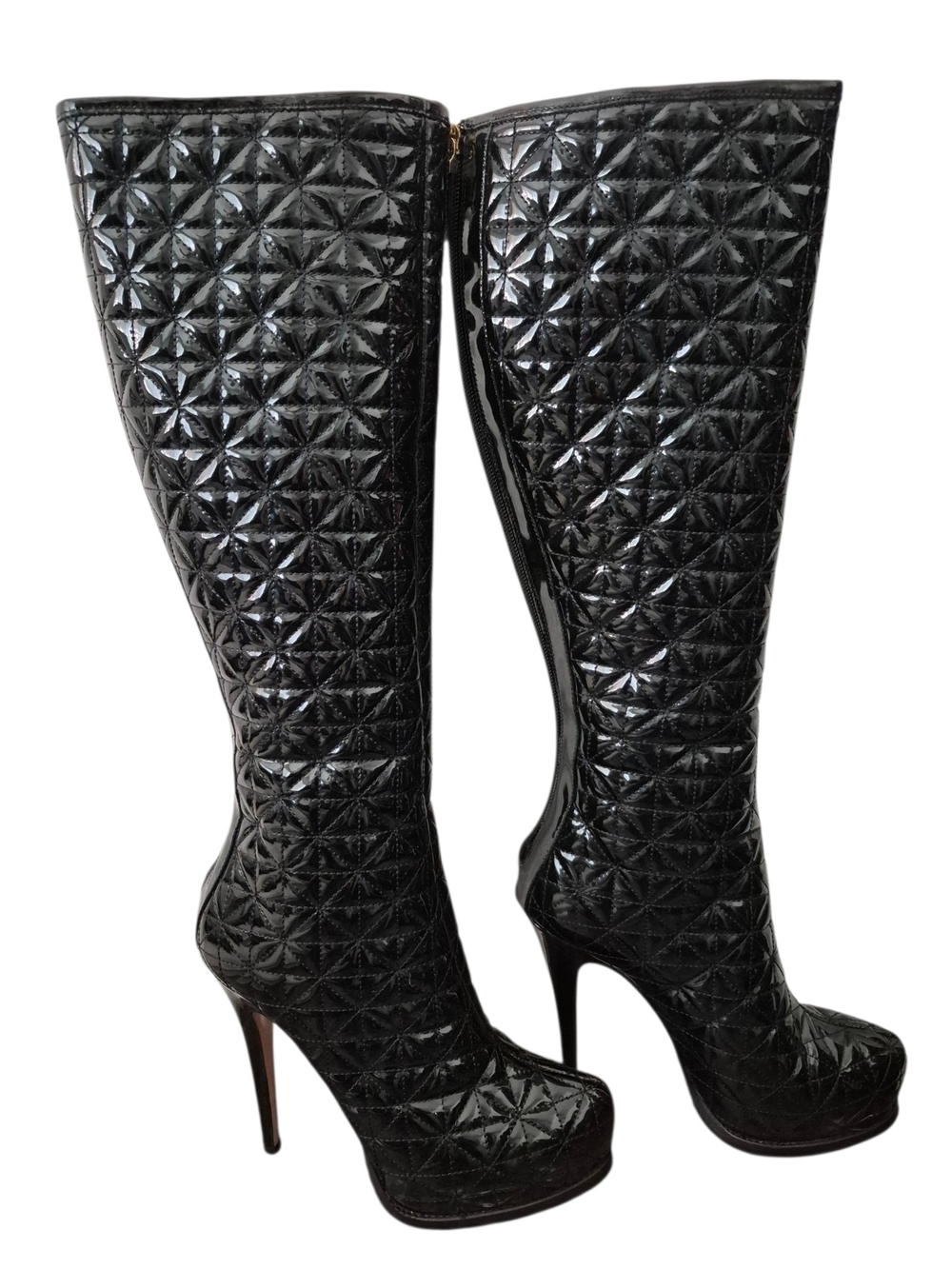 Sebastian Milano Quilted Patent Leather Stiletto Knee Boots Vibram EU 38 US 7.5